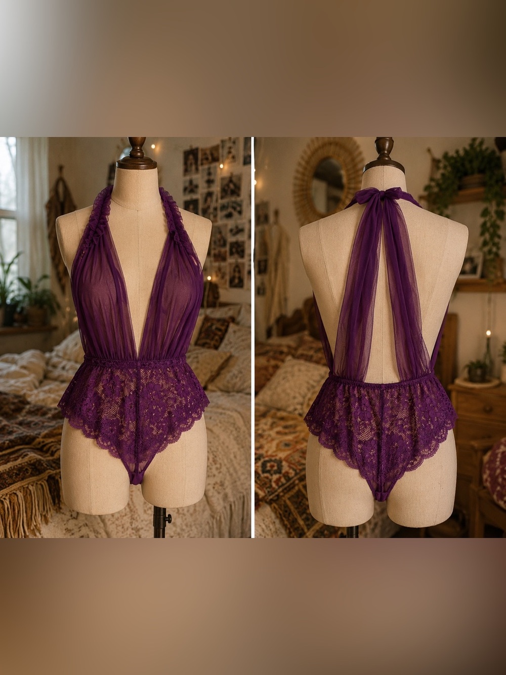 2X - Adore Me - Deep Purple Sheer Lace Halter Teddy